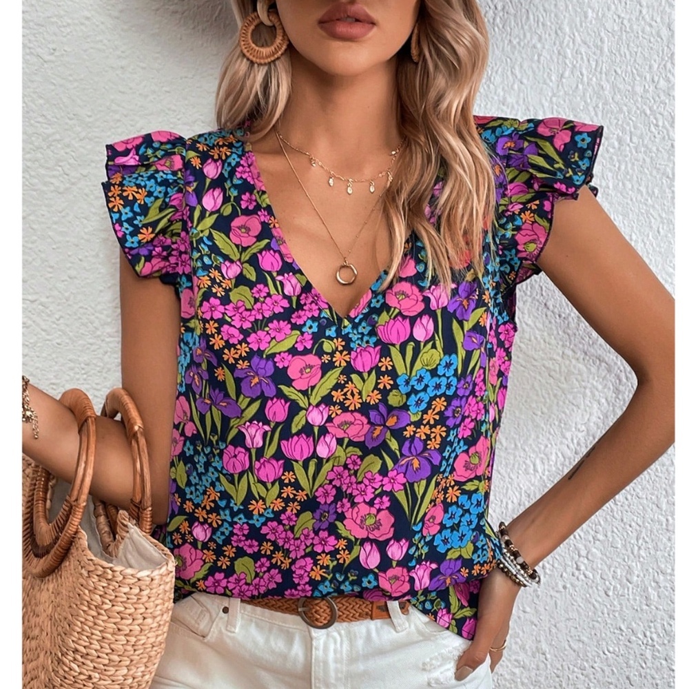Floral Multicolor Shirt V-Neck Butterfly Cap Sleeve